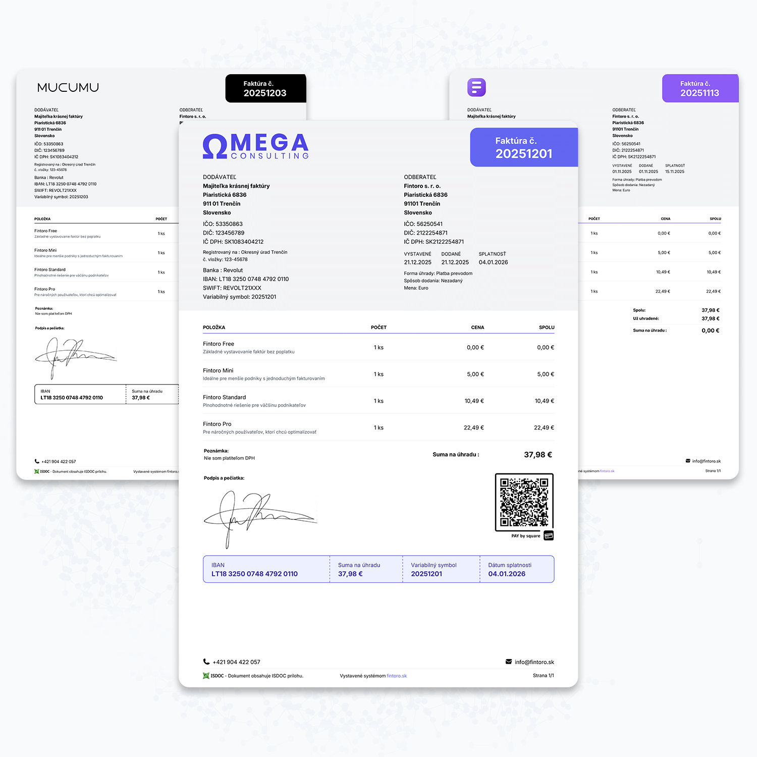 Ukážky faktúr vytvorených vo Fintoro v rôznych dizajnových šablónach.