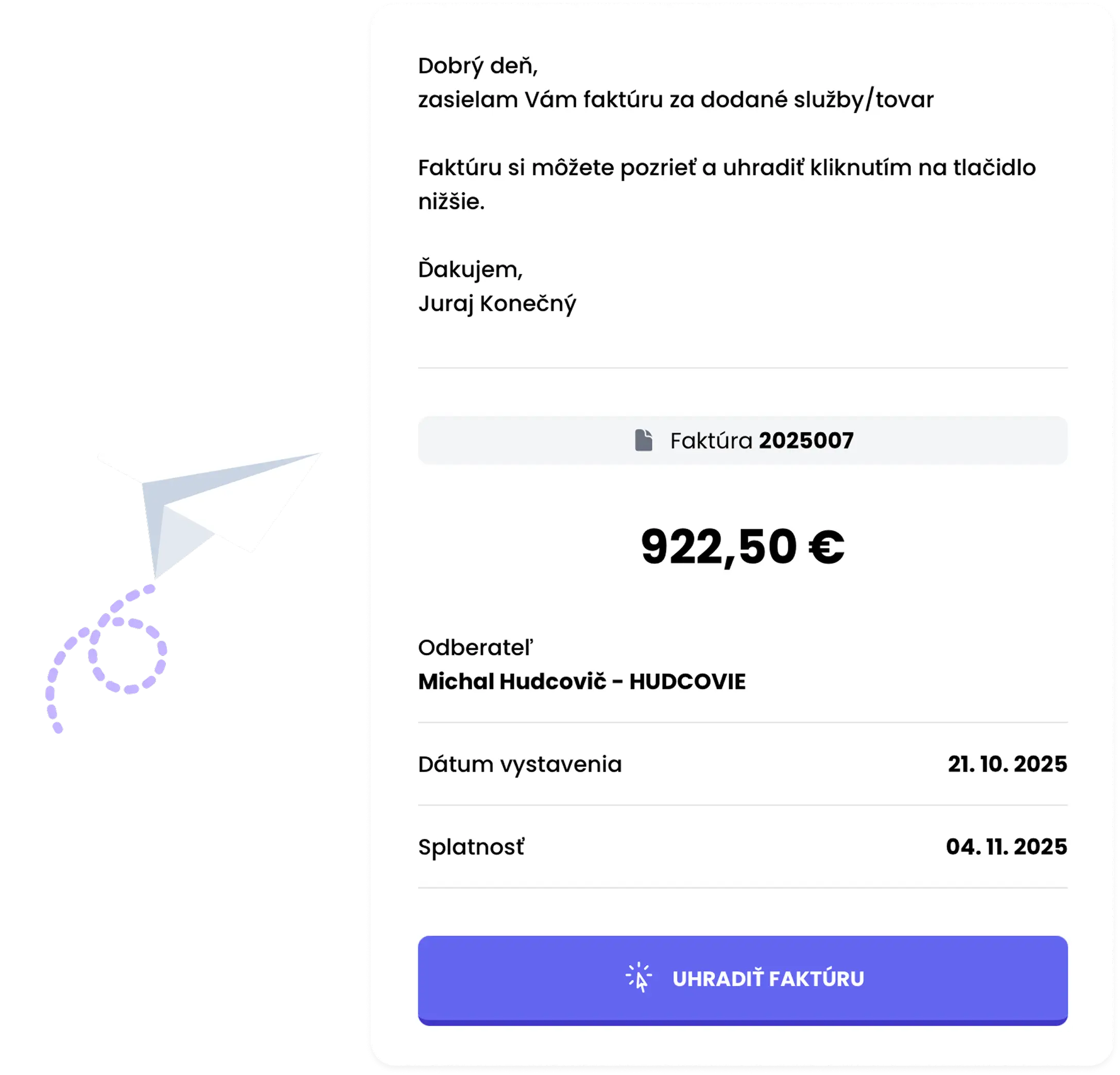 E-mail s faktúrou z Fintoro - online náhľad faktúry a tlačidlo na rýchlu úhradu faktúry