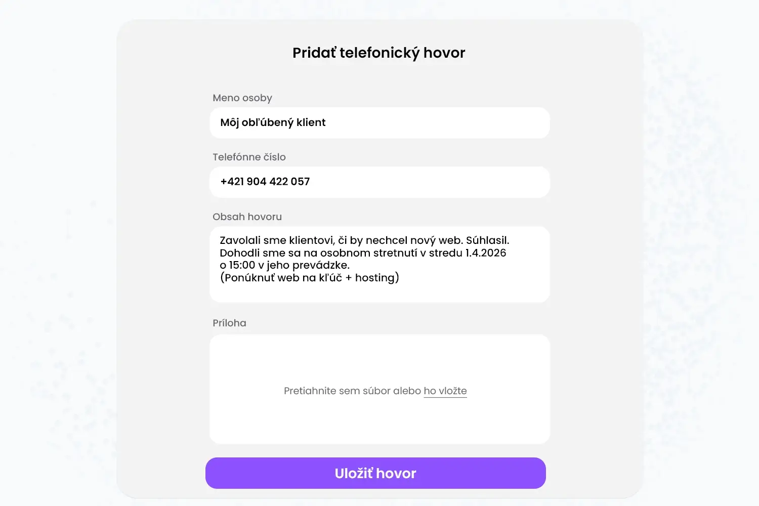 Evidencia hovorov s klientom vo Fintoro