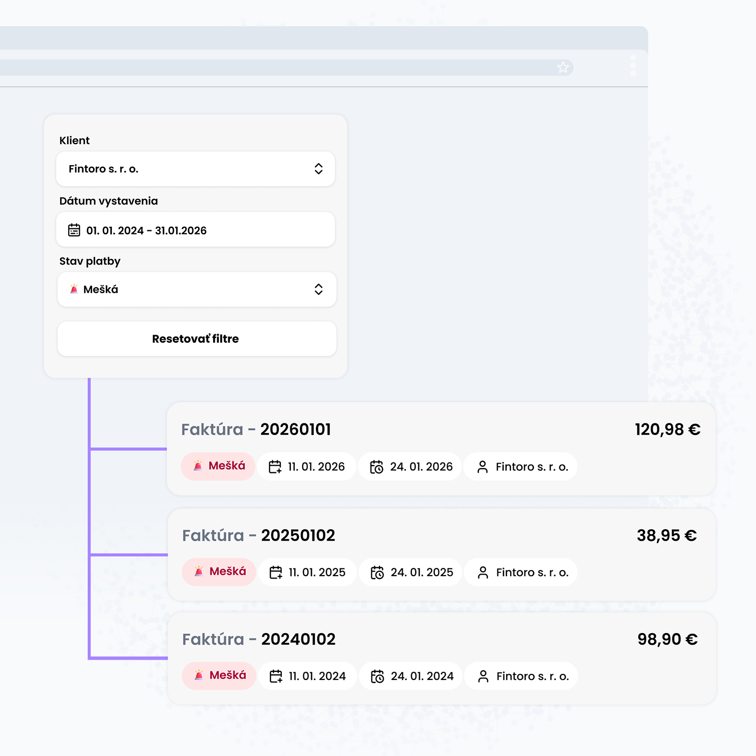 Tabuľkový prehľad faktúr vo Fintoro s možnosťou filtrovania podľa klienta, dátumu a stavu platby