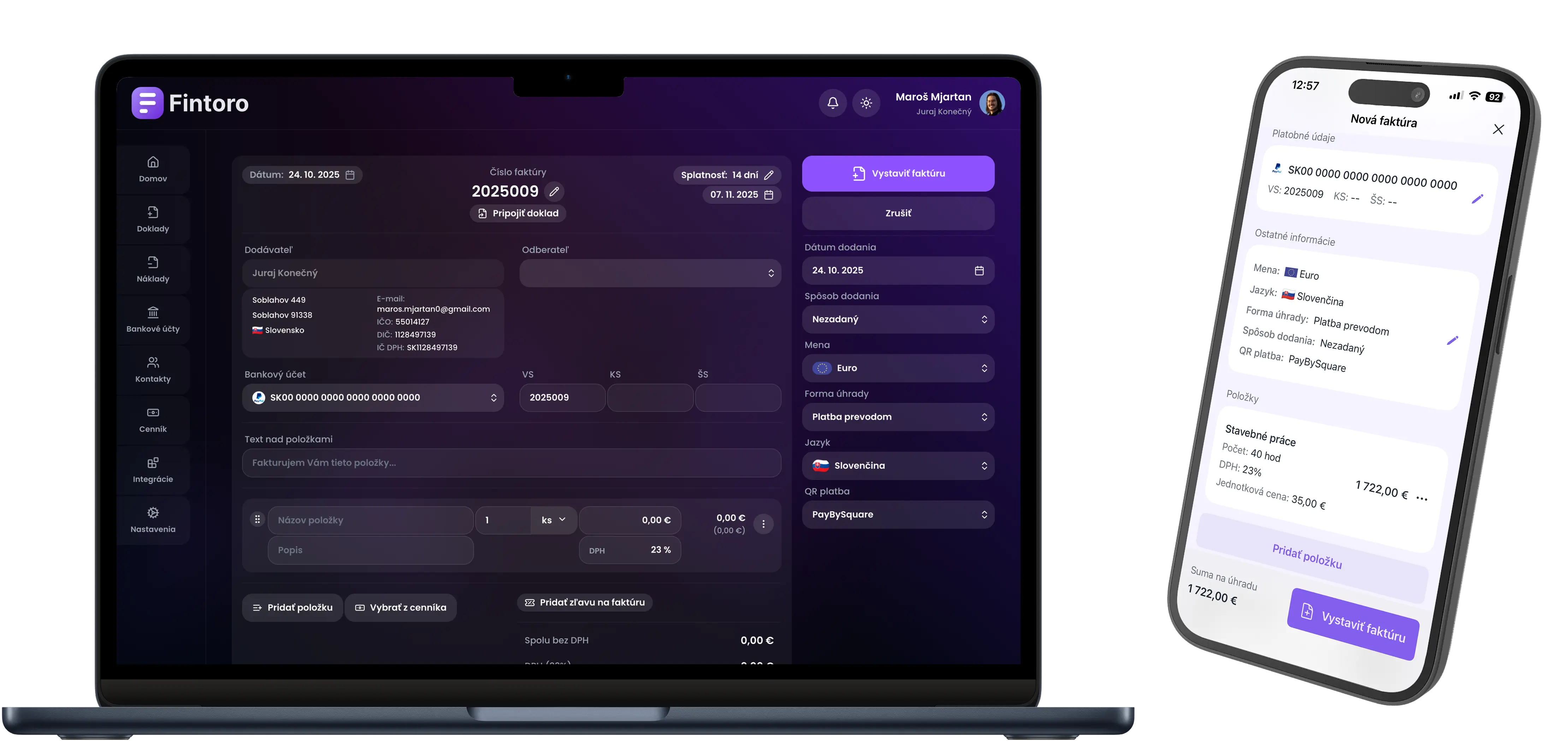 Rozhranie aplikácie Fintoro na notebooku a smartfóne pri vytváraní novej faktúry