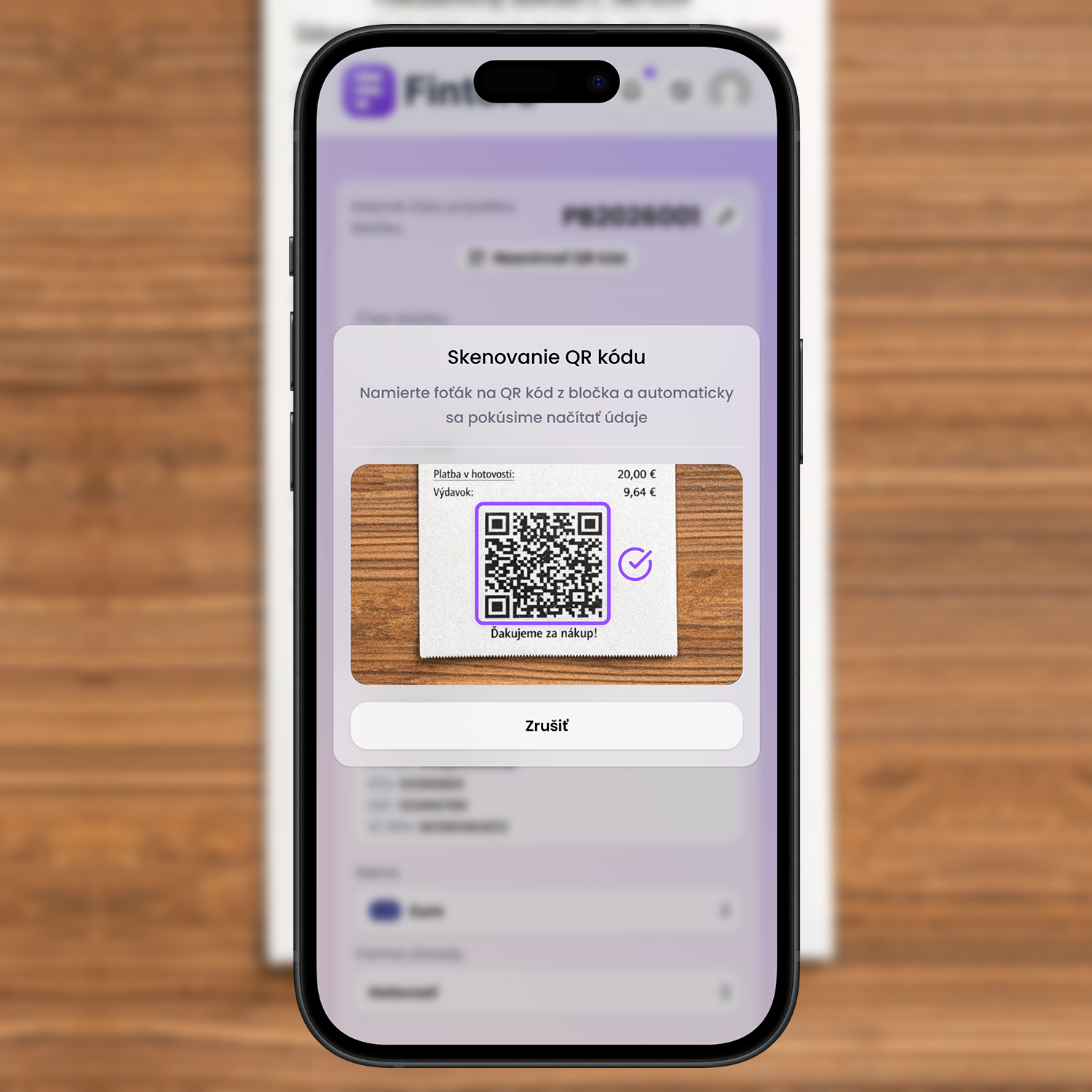Skenovanie pokladničného bločku v aplikácii Fintoro pomocou mobilu s automatickým načítaním údajov z QR kódu