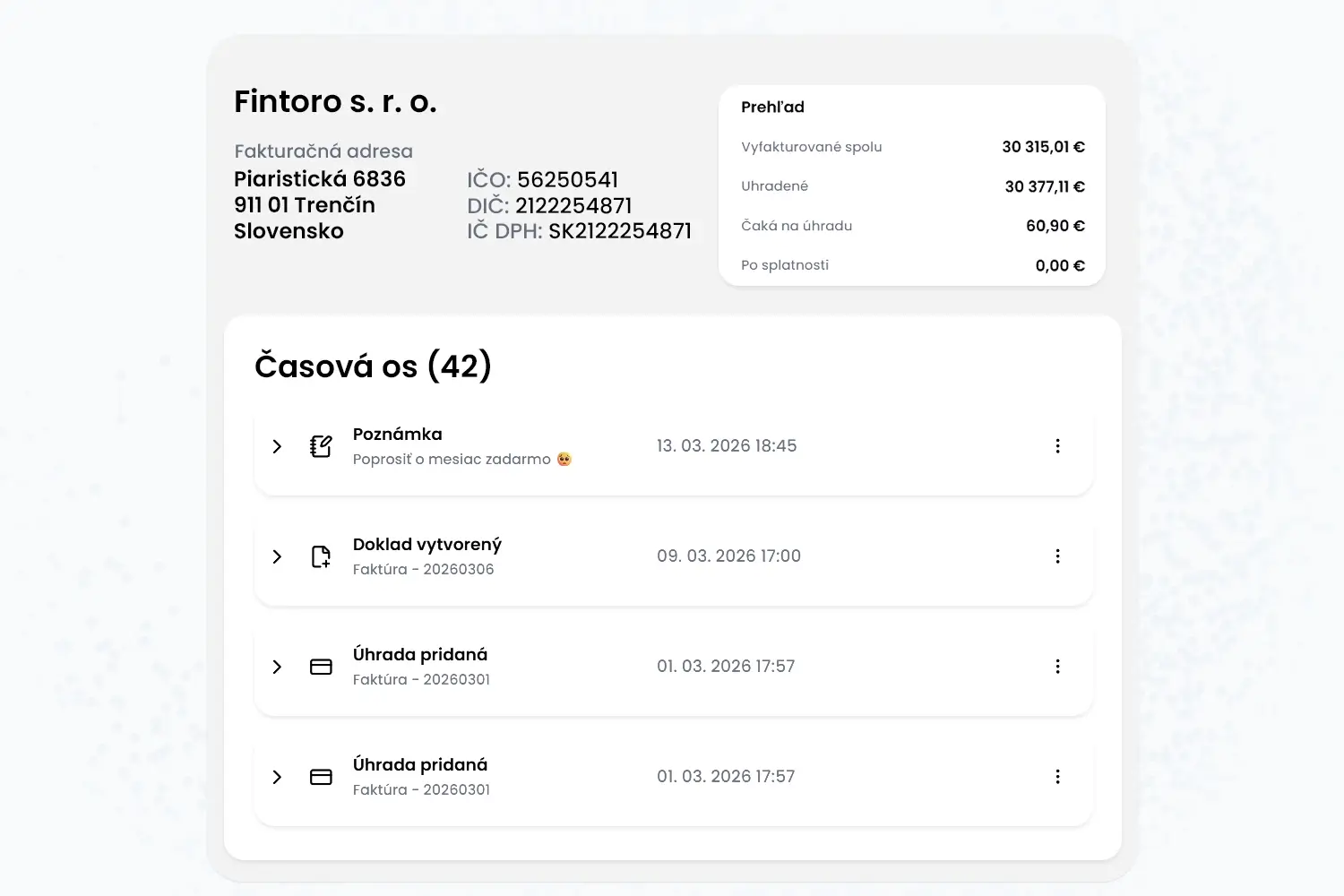 História komunikácie a dokladov klienta vo Fintoro