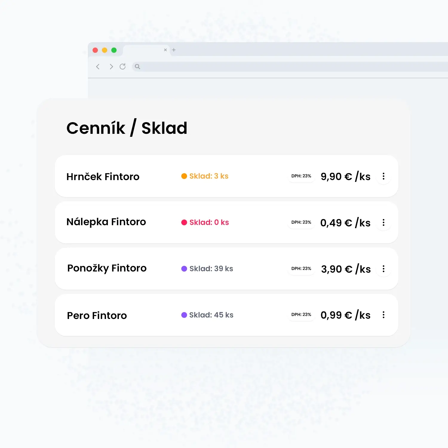 Evidencia počtu kusov na sklade pri položkách vo Fintoro