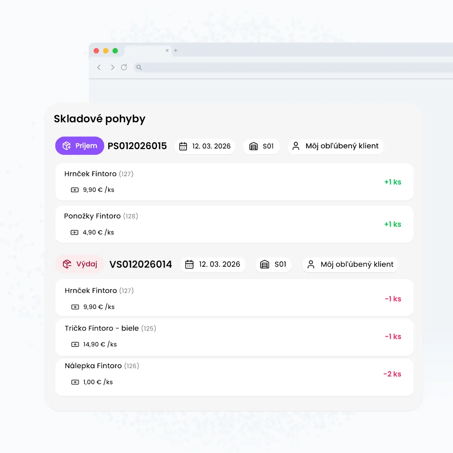 Prehľad skladových pohybov konkrétnej položky vo Fintoro