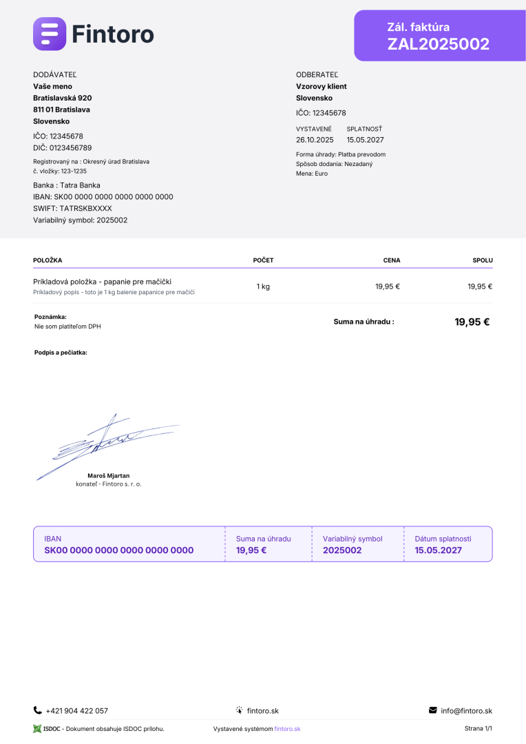 Zálohová faktúra, proforma, predfaktúra vzor 2025/2026