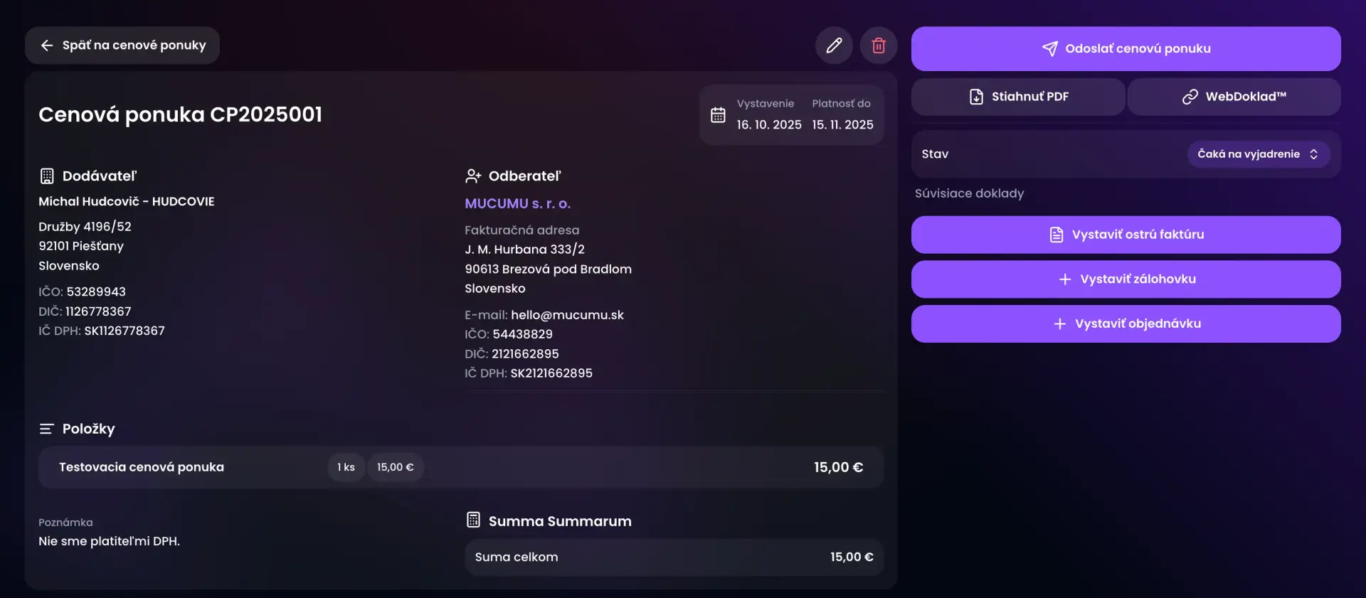 cenová ponuka konfigurácia a nastavenia, možnosti